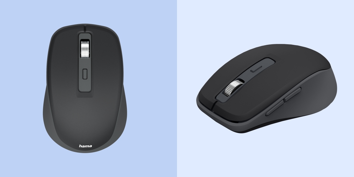 HAMA WM-450 7 precyzyjnych przycisków boczne przyciski nawigacyjne, rolkę z aluminium, przycisk zmiany DPI przycisk Assist asystenta AI systemie Windows 11 - mysz od góry i od boku