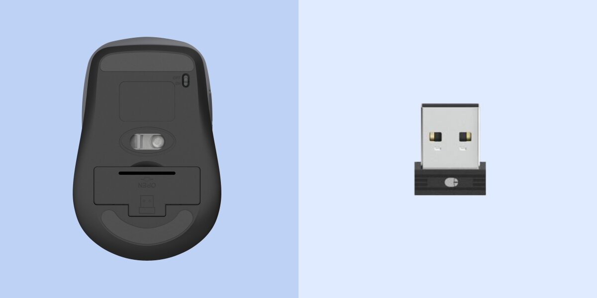 HAMA WM-450 miejsce na odbiornik USB-A Mały rozmiar odbiornika - mysz od spodu, obok odbiornik USB-A