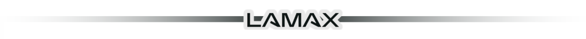 Logo z napisem \'LAMAX\' na tle z gradientem od białego do czarnego.