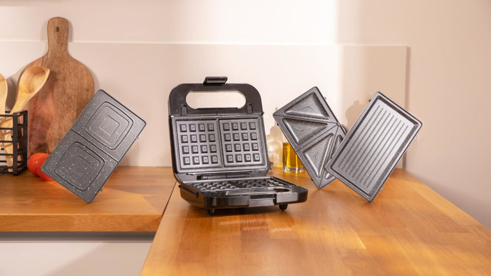 Opiekacz do kanapek CECOTEC Rock N Toast 4ni1 4 zestawy wymiennych płyt chrupiące apetyczne kanapki pyszne gofry grillowanie mięsa i warzyw przygotowywanie tostów różnorodne płyty pełna elastyczność w kuchni wygoda oszczędność miejsca 