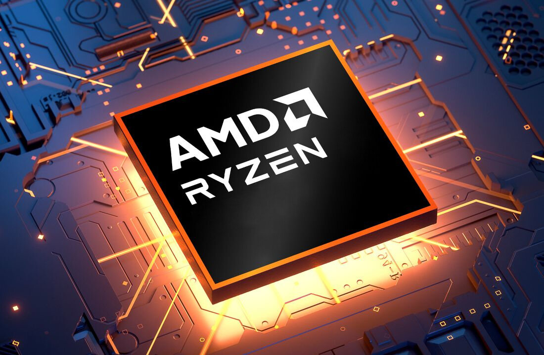 Procesor AMD Ryzen z niebieskim podświetleniem i efektami świetlnymi na tle płytki drukowanej - Procesor AMD Ryzen, grafika AMD Radeon