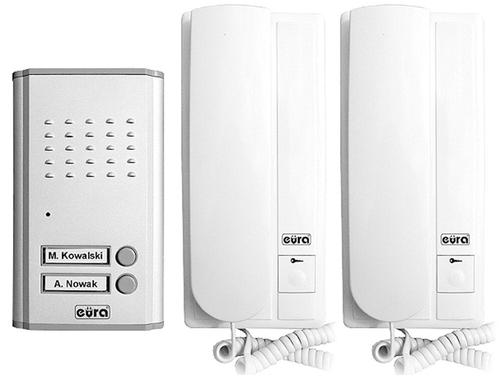 Zestaw domofonowy EURA ADP-47A3 dwurodzinny domofon klasyczny elegancki wyglad modul zewnetrzny bramofon 2 moduly wewnwtrzne unifony prosta obsluga i montaz