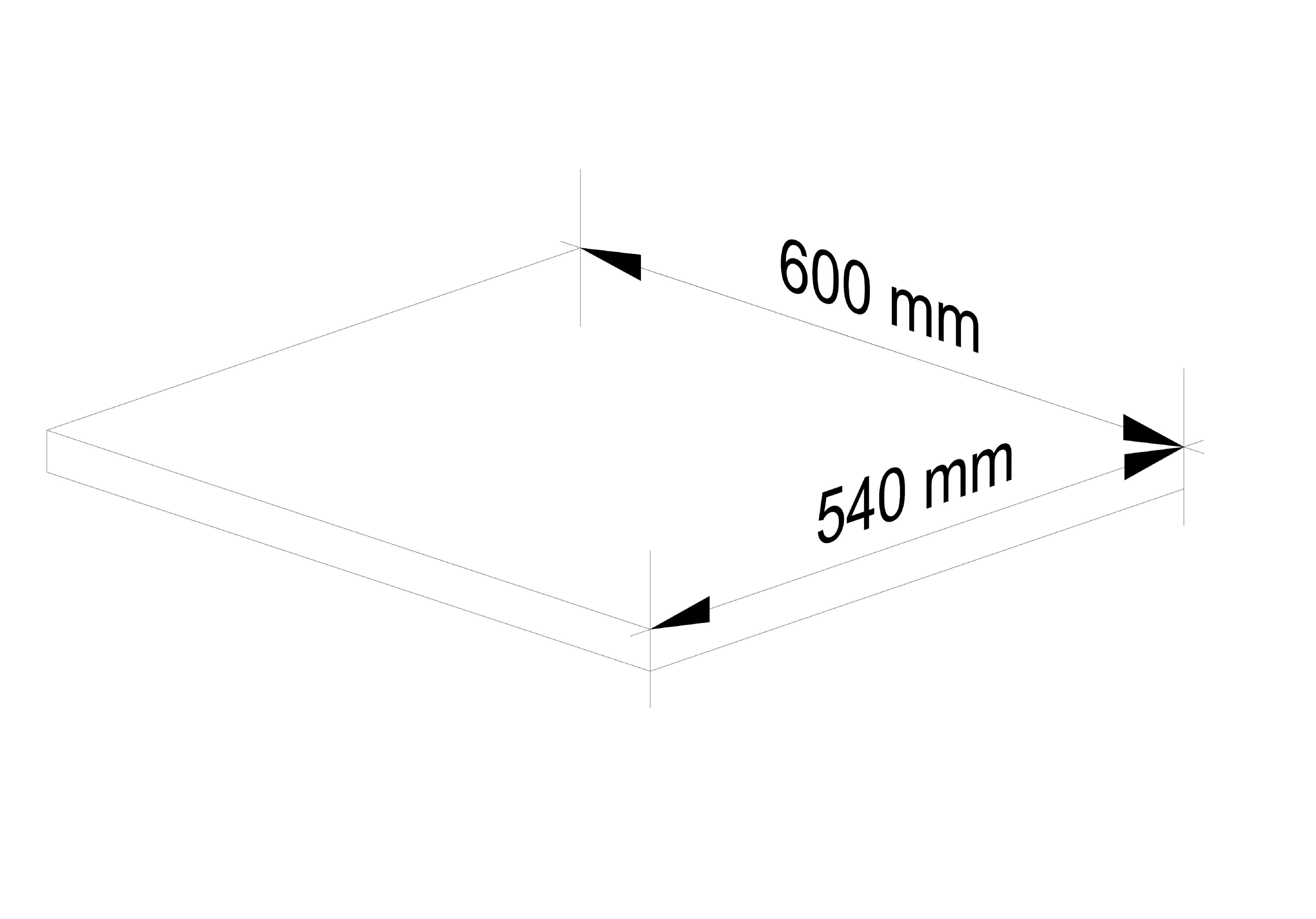 Rysunek przedstawia prostokątny blat z wymiarami 600 mm na 540 mm, oznaczonymi strzałkami i tekstem.