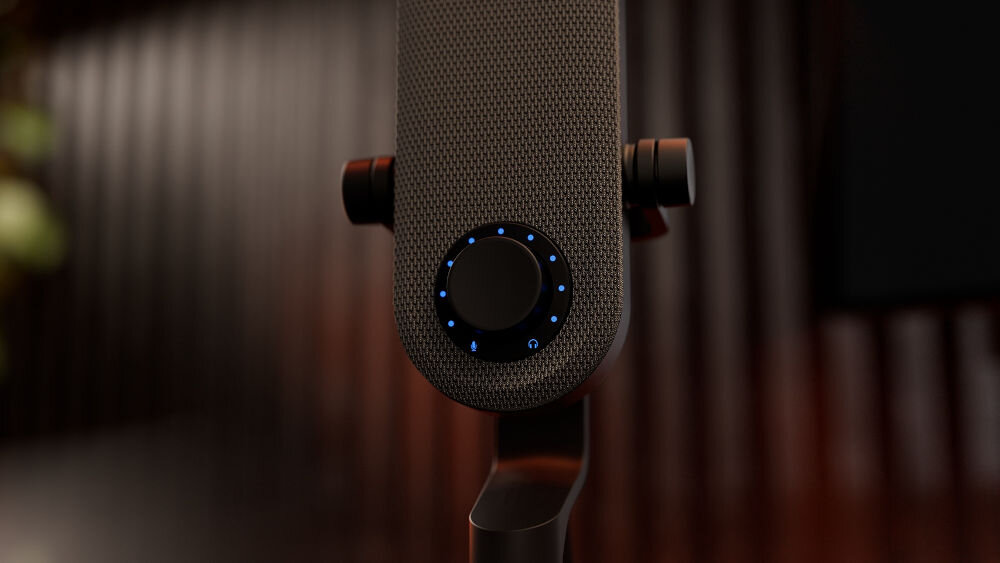 Mikrofon KRUX Pin KRXC018 Kardioidalny Czarny Zbliżenie na czarny mikrofon KRUX Pin, ukazujące centralne pokrętło z niebieskimi diodami LED i ikonami słuchawek i mikrofonu funkcja regulacji balansu odsłuchu decydujesz o proporcjach dźwięku wielofunkcyjne pokrętło