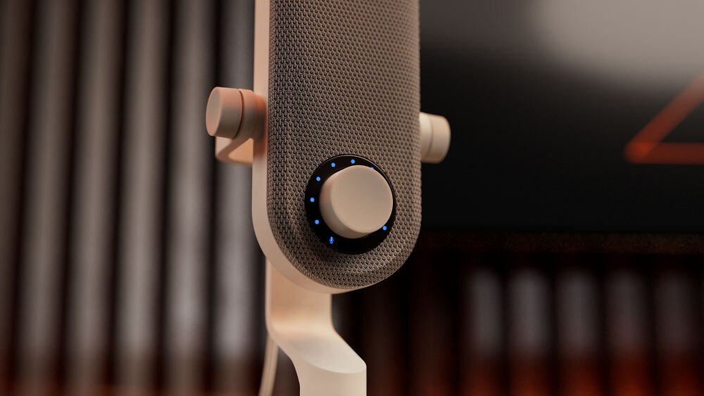 Mikrofon KRUX Pin KRXC019 Kardioidalny Biały Bardzo bliskie ujęcie centralnego pokrętła mikrofonu KRUX Pin, z wyraźnie widocznymi niebieskimi diodami LED oraz ikonami słuchawek i mikrofonu wygodne pokrętło na obudowie dostosowanie dźwięku do sytuacji wysoka jakość swoboda twórcza