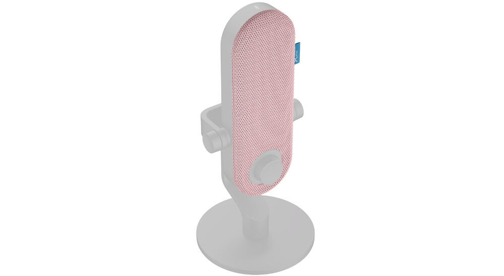 Nakładka na mikrofon KRUX Pin KRXC022 Różowy Różowa osłona KRUX Pin Color Shield nałożona na model mikrofonu, na białym tle personalizacja mikrofonu funkcja ochronna szybka zmiana wyglądu