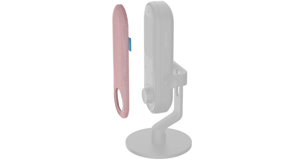 Nakładka na mikrofon KRUX Pin KRXC022 Różowy Grafika przedstawiająca sposób montażu różowej osłony KRUX Pin Color Shield na modelu mikrofonu, na białym tle prosty montaż magnetyczny system bez użycia narzędzi