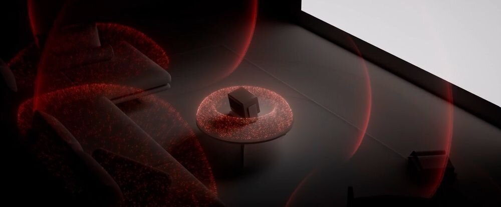 Projektor XGIMI Horizon 20 Pro głośniki 2x12W Dolby Digital Plus DTS Bluetooth 5.2, projektor stojący na stoliku otoczony dźwiękiem