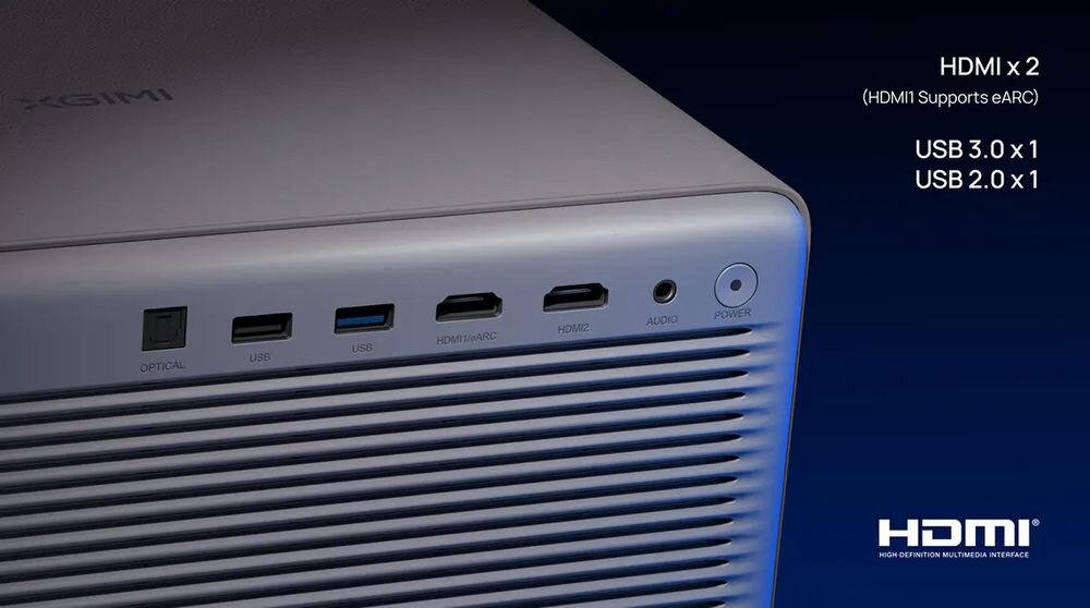 Projektor XGIMI Horizon 20 HDMI eARC USB 3.0 USB 2.0 wyjście optyczne jack 3.5 mm podłączenie urządzeń, kadr na złącza
