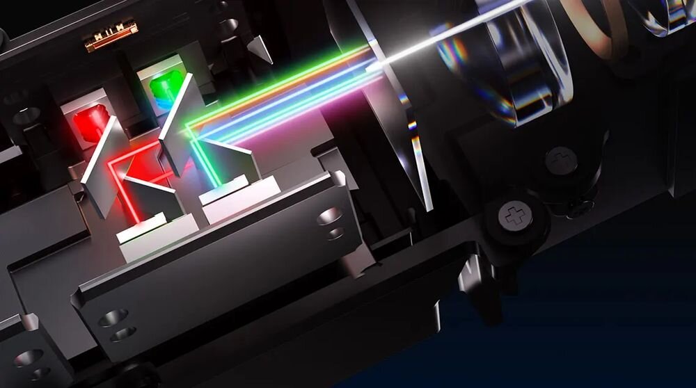 Projektor XGIMI Horizon 20 dynamic lens shift pion poziom zoom optyczny regulacja obrazu projekcja, konstrukcja projektora, światło niebieskie, czerwone, zielone