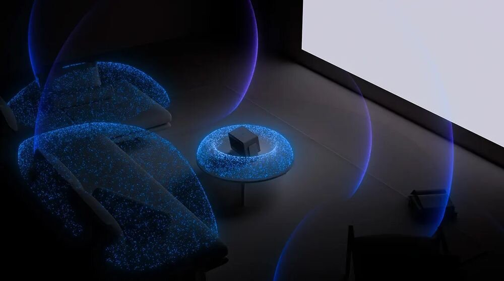 Projektor XGIMI Horizon 20 głośniki 2x12 W Dolby Digital Plus DTS Virtual X Bluetooth 5.2 dźwięk, projektor stojący na stoliku otoczony dźwiękiem