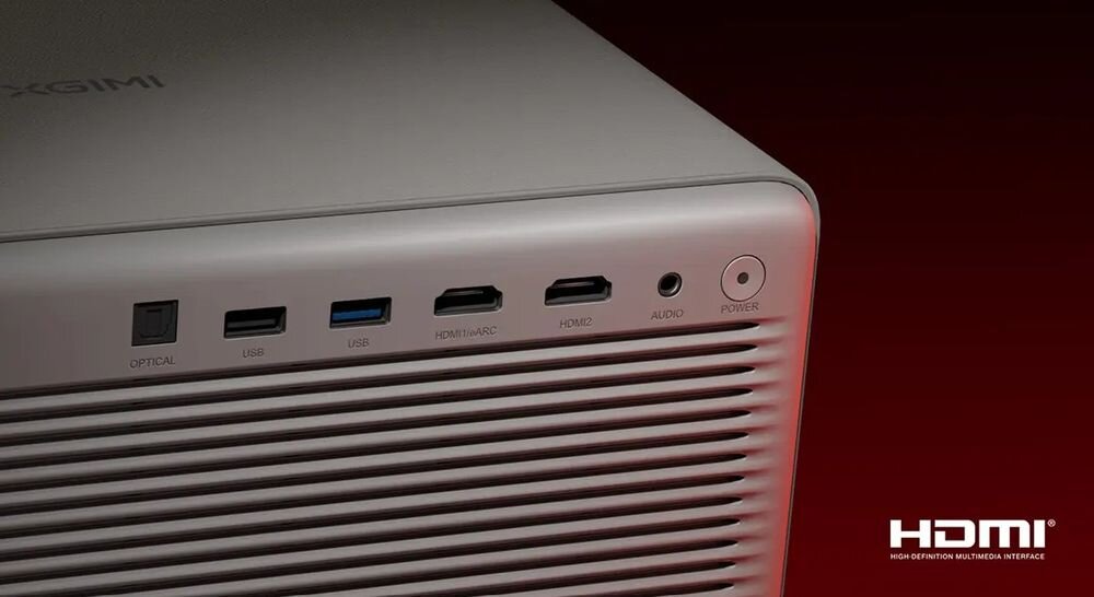 Projektor XGIMI Horizon 20 Max porty HDMI eARC USB 3.0 USB 2.0 wyjście optyczne jack 3.5 podłączenie, kadr na złącza projektora