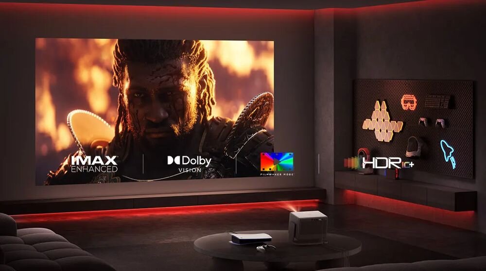 Projektor XGIMI Horizon 20 Max IMAX Enhanced HDR10 Plus Dolby Vision 12 bit Filmmaker Mode kino domowe, projektor wyświetlający obraz na ścianie w pomieszczeniu