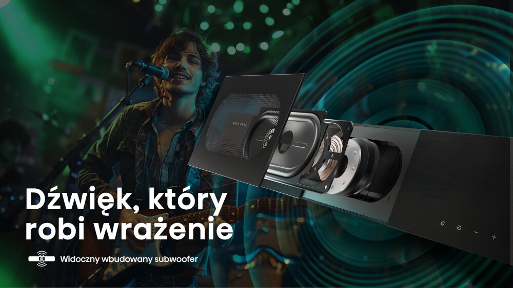 Soundbar HISENSE HS2000 mocny bas wbudowany subwoofer kompaktowy, przekrój subwoofera w soundbarze, osoba grająca na gitarze i śpiewająca do mikrofonu