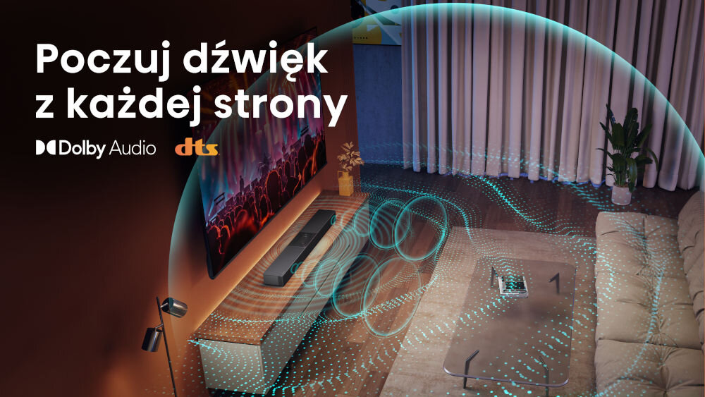 Soundbar HISENSE HS2000 dźwięk przestrzenny Dolby Digital DTS VirtualX, soundbar sotjący na komodzie pod zawieszonym telewizorem, wydobywający się dźwięk z soundbara