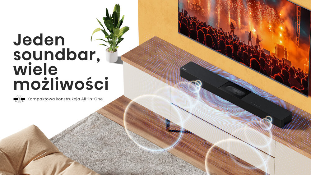Soundbar HISENSE HS2000 kompaktowa konstrukcja subwoofer wbudowanysoundbar sotjący na komodzie pod zawieszonym telewizorem, wydobywający się dźwięk z soundbara