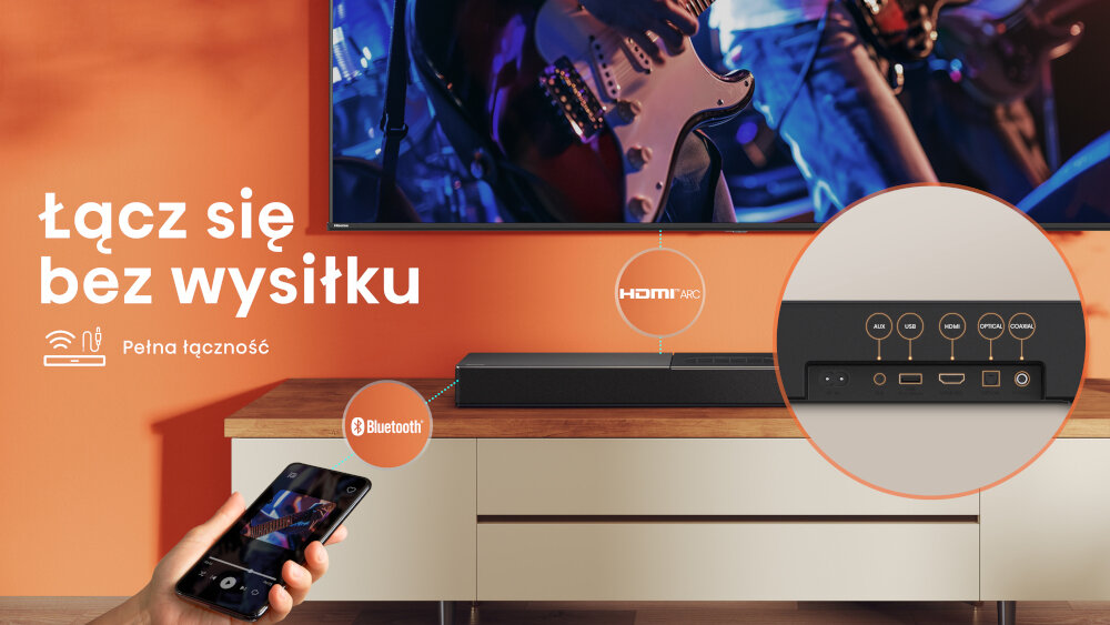 Soundbar HISENSE HS2000 Bluetooth 5.3 HDMI ARC wejście optyczne AUX, ręka trzymająca smartfon, soundbar sotjący na komodzie, telewizor zawieszony na ścianie