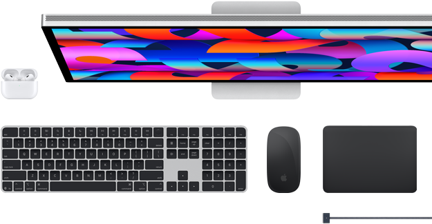 Akcesoria do Maca: Airpods, monitor Studio Display, klawiatura Magic Keyboard, mysz Magic Mouse, gładzik Magic Trackpad, przewód do ładowania MagSafe w kolorze gwiezdnej czerni