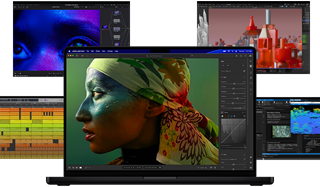 Liczne kolorowe treści na ekranie –&nbsp;od produkcji muzyki, przez montaż wideo i animację 3D, po edycję zdjęć – ukazujące niesamowitą wydajność grafiki Maca