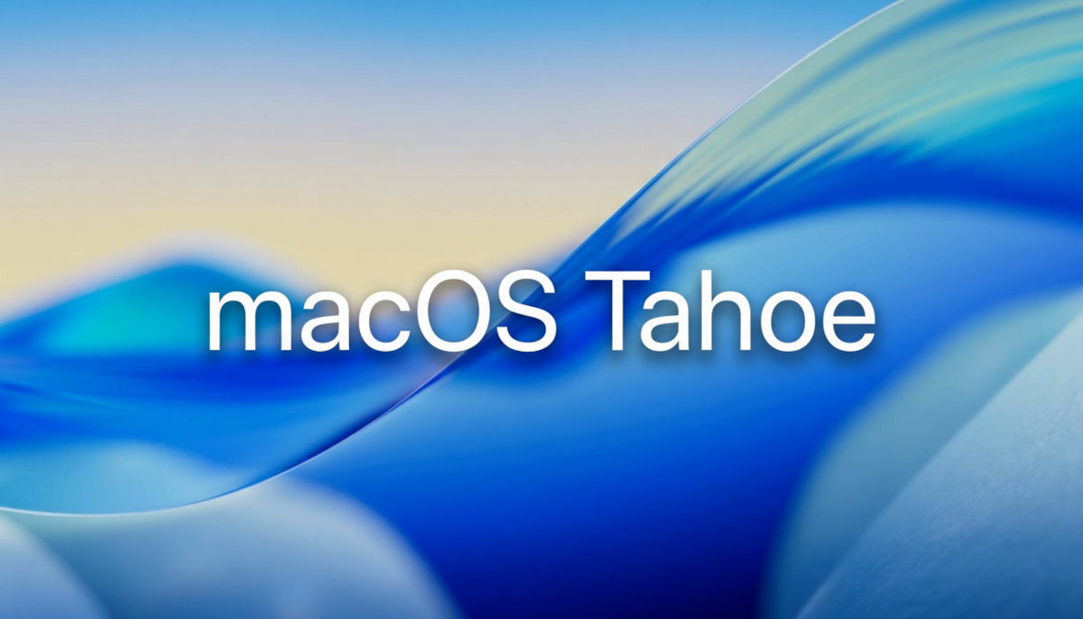 APPLE MacBook Pro MacOS Tahoe wygląd o nazwie Liquid Glass systemu macOS integracji z iPhonem Apple Intelligence - grafika z napisem macOS Tahoe na niebieskim tle