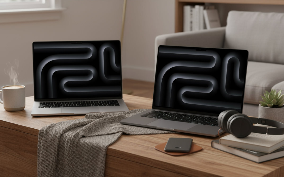 APPLE MacBook Pro - Dwa laptopy na drewnianym stole w domowym wnętrzu, widoczne akcesoria do pracy