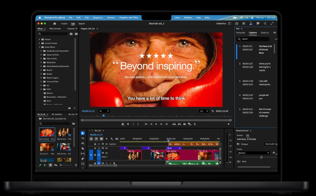 APPLE MacBook Pro Czip M5 M4 Pro M4 Max zadaniach jedno- i wielowątkowych pamięć zunifikowaną akceleratorom Neural Accelerator M5 AI - Laptop z uruchomioną aplikacją do edycji wideo, ekran z narzędziami i timeline