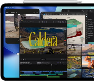 Widoczny od przodu, ustawiony poziomo iPad Pro w kolorze gwiezdnej czerni, na nim rysik Apple&nbsp;Pencil, na wyświetlaczu wiele okien otwartych aplikacji, w tym Final Cut Pro z wieloma funkcjami montażu wideo i osią czasu, a także Mapy, Notatki i różne klipy multimedialne
