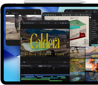 Widoczny od przodu, ustawiony poziomo iPad Pro w kolorze gwiezdnej czerni, na nim rysik Apple Pencil, na wyświetlaczu wiele okien otwartych aplikacji, w tym Final Cut Pro z wieloma funkcjami montażu wideo i osią czasu, a także Mapy, Notatki i różne klipy multimedialne