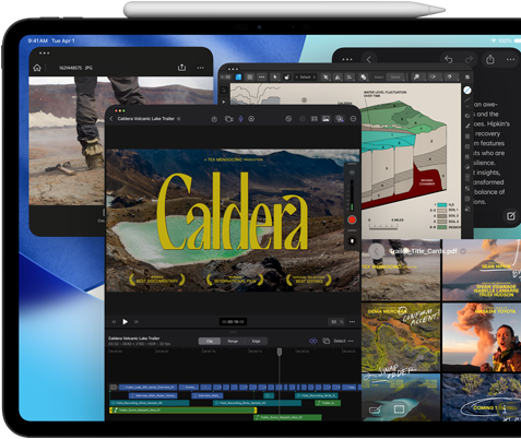 Widoczny od przodu ustawiony poziomo iPad Pro w kolorze gwiezdnej czerni, na nim rysik Apple&nbsp;Pencil, na wyświetlaczu wiele okien otwartych aplikacji, w tym Final Cut Pro z wieloma funkcjami montażu wideo i osią czasu, a także Mapy, Notatki i różne klipy multimedialne