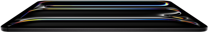 Widoczny od przodu iPad Pro w kolorze gwiezdnej czerni, smukła obudowa ze szkła i aluminium, urządzenie przechylone do tyłu, na wyświetlaczu kolorowy rysunek