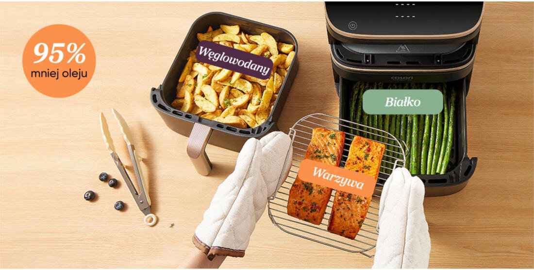 Air Fryer Frytkownica beztłuszczowa COSORI Turbo Tower Pro Smart CAF-DC123S-DEUR (WiFi) Technologia gorącego powietrza chrupiące soczyste zdrowe posiłki zbilansowane dania Mała ilość tłuszczu