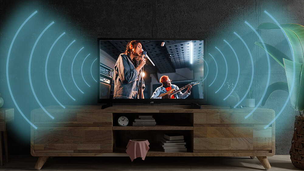 Telewizor JVC LT-24VH4400 - Wyraźny dźwięk, telewizor stojący na komodzie, wydobywający się dźwięk z telewizora