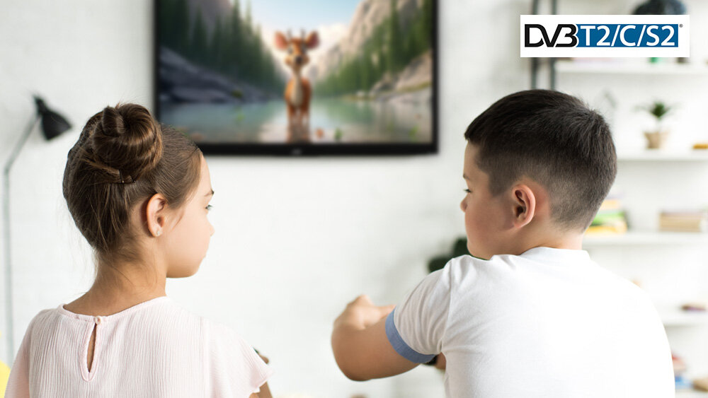 Telewizor JVC LT-24VH4400 - Potrójny tuner DVB-T2/C/S2, dzieci oglądające telewizję