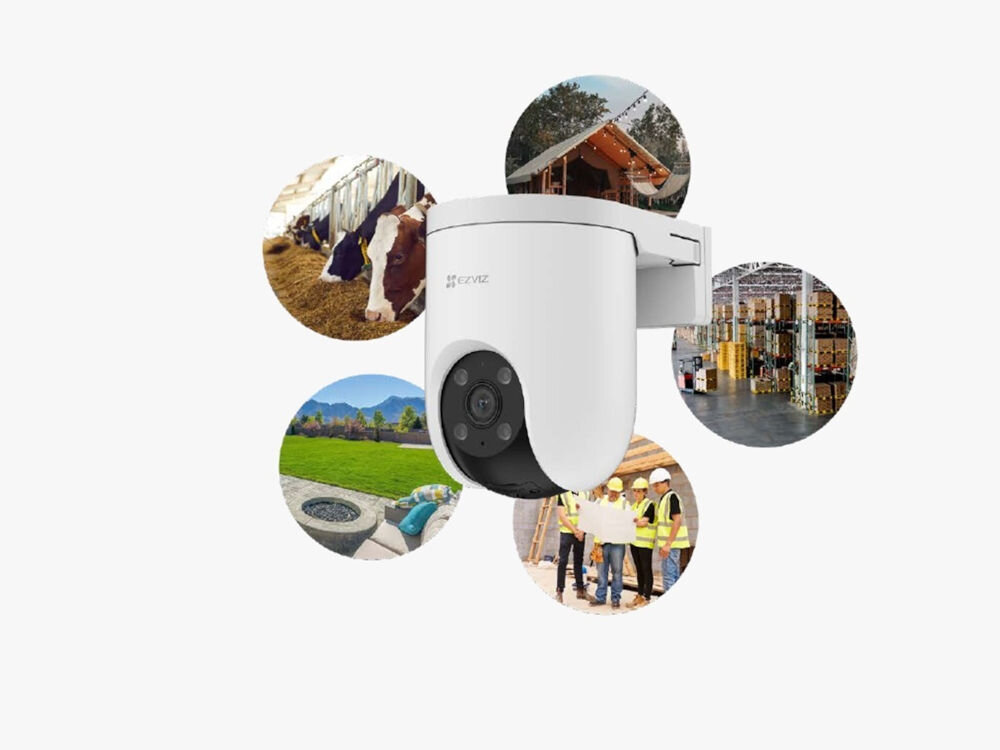 Kamera EZVIZ H8C 4G 2K - Monitoring bez potrzeby Wi-Fi, kamera po skosie, w tle różne kadry nagrywania