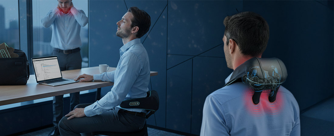 Kołnierz masujący MEDIVON Volt Technologia Shiatsu ruch obrotowy głowic masujących naśladuje naturalne ugniatanie dłoni Cztery głowice nacisk wzdłuż mięśni karku i ramion