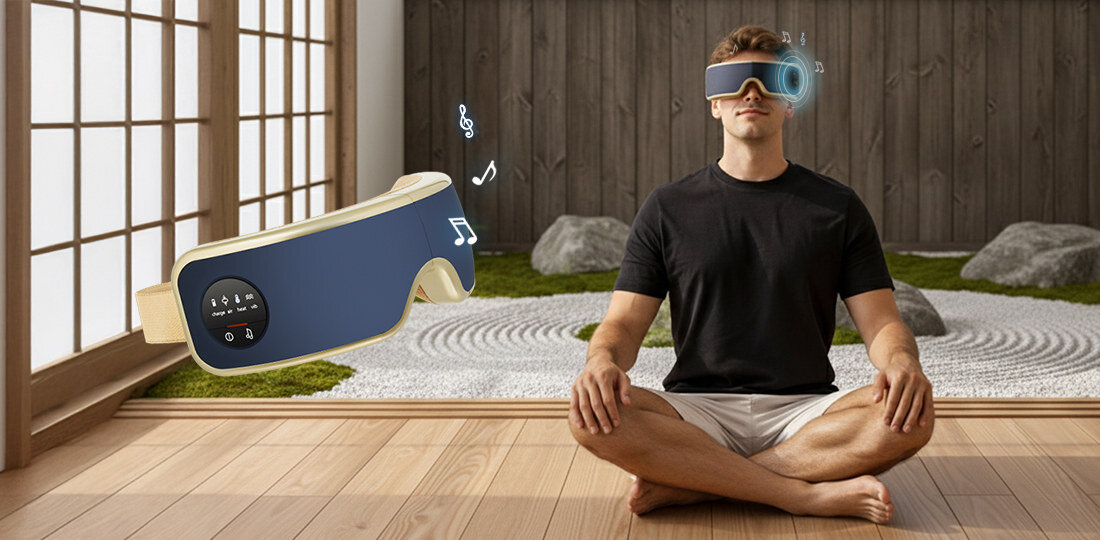 Masażer do oczu MEDIVON Horizon Pro 2 Dostosowany do codziennego rytmu dopasowanie intensywność potrzeby 5 trybów pracy od lekkiego relaksu po głębokie rozluźnienie Wbudowany timer czytelny wyświetlacz kontrola funkcja Bluetooth połączenie z telefonem i odtwarzanie ulubionej muzyki wyciszenie odpoczynek