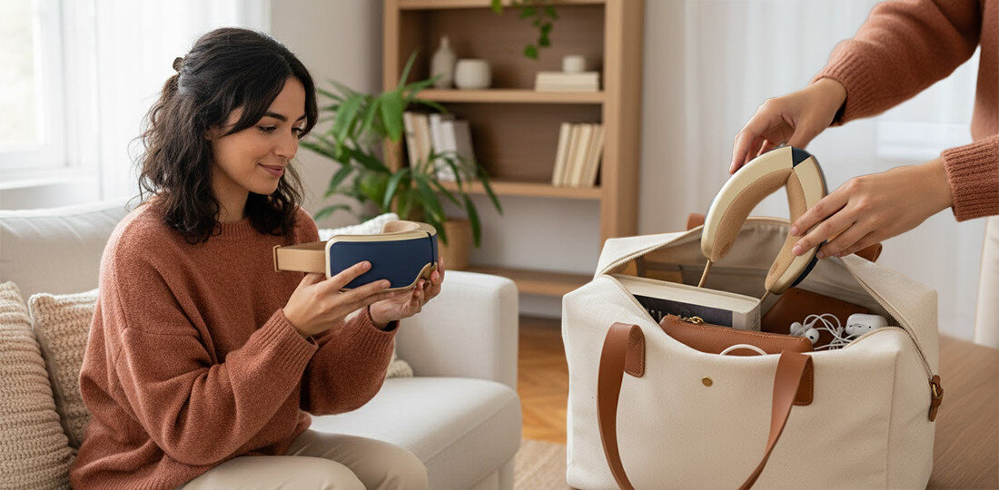 Masażer do oczu MEDIVON Horizon Pro 2 Ergonomia i mobilność z myślą o komforcie użytkowania Elastyczna taśma mocująca dopasowanie masażer  miękka tkanina wewnętrzna Granatowo-złoty kolor kolorystyka