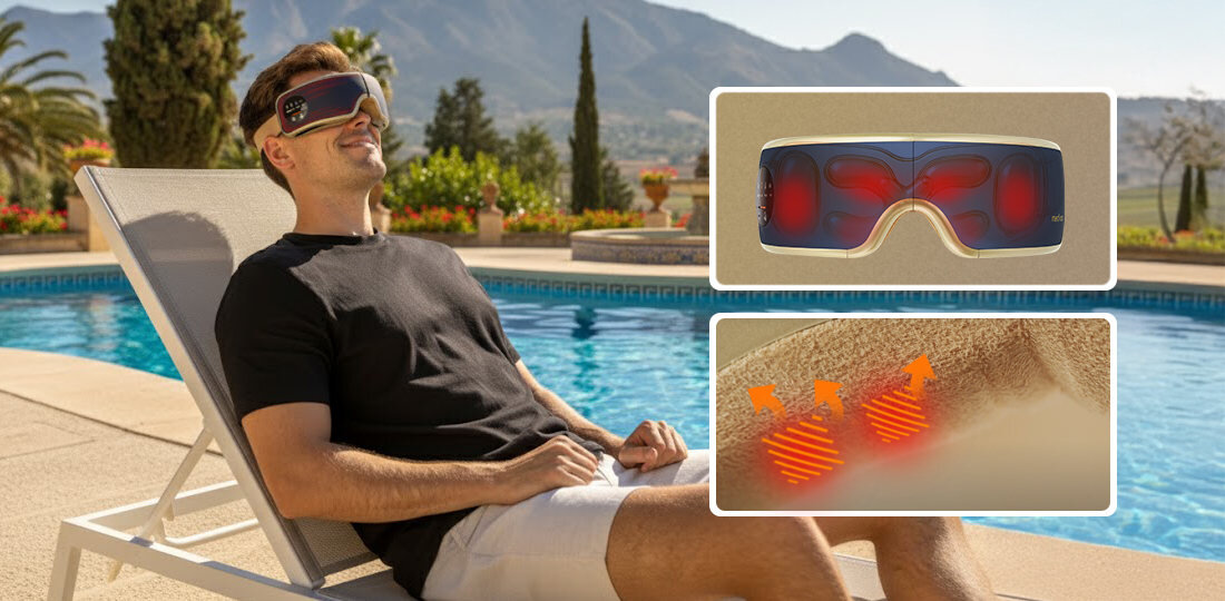 Masażer do oczu MEDIVON Horizon Pro 2 Łatwość obsługi Wbudowany akumulator o pojemności 1450 mAh ładowanie przez port USB-C wystarczy jedno naciśnięcie relaks Nakładka ochronna łatwe czyszczenie i utrzymanie higieny