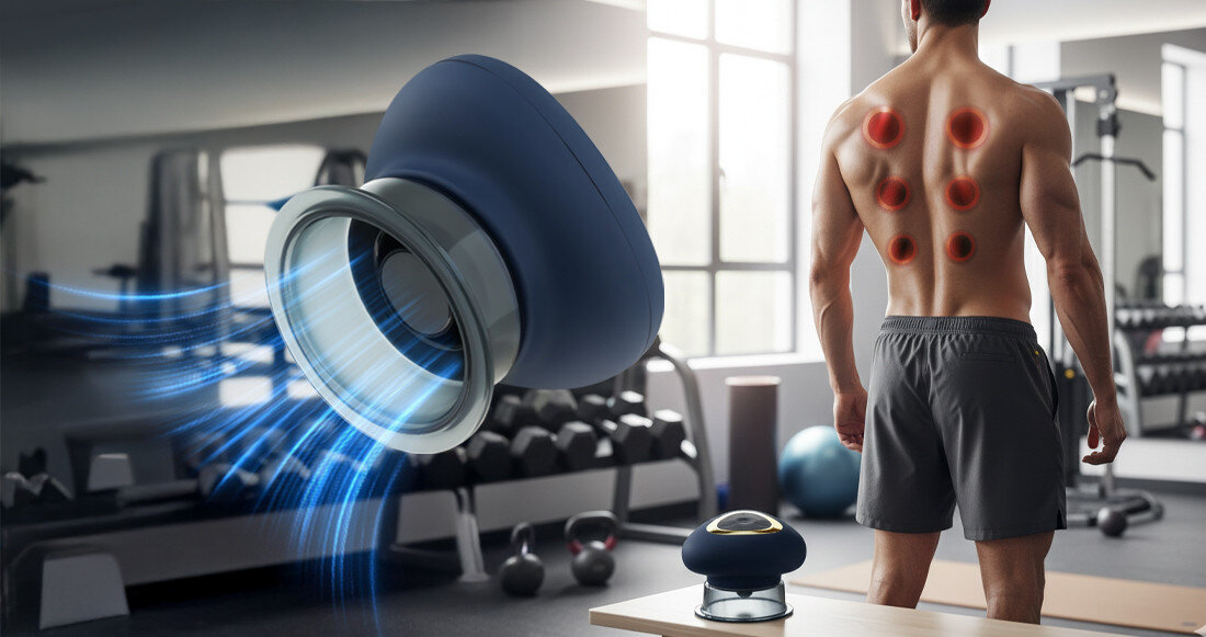 Masażer antycelulitowy MEDIVON Cushy 2 Zawsze pod ręką Lekka konstrukcja wygodny kształt bezprzewodowa praca port USB-C regeneracja bateria litowo-jonowa granatowo-złote wykończenie