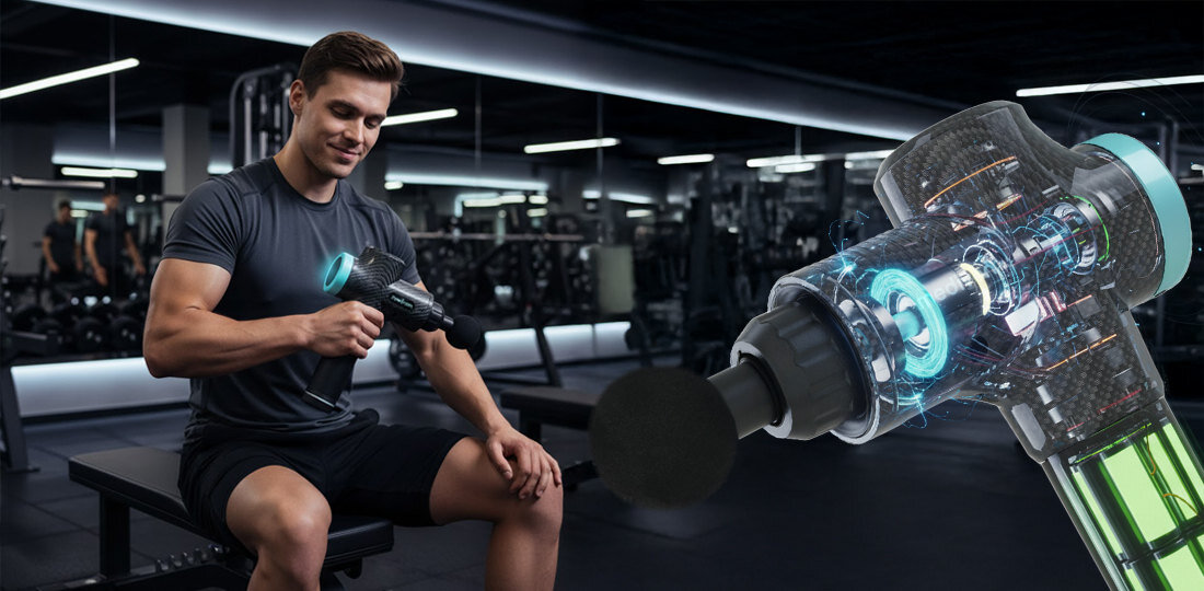 Masażer ręczny Gun MEDIVON Active X prostota obsługi z trwałego tworzywa w czarno-turkusowym kolorze kolorystyka Wyprofilowany uchwyt czytelny wyświetlacz LCD kontrola walizka ochronna bezpieczne przechowywanie i transport urządzenia