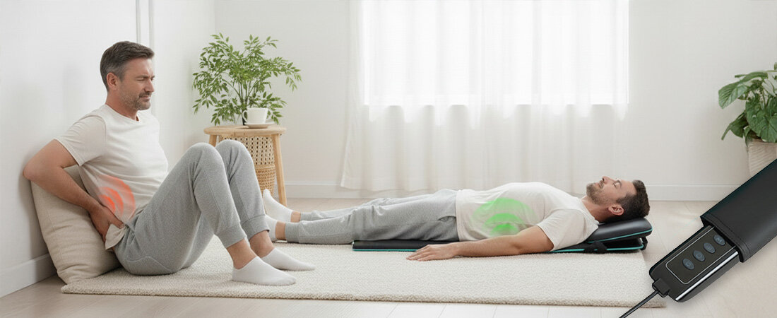 Mata masująca MEDIVON Yoga 2 Dopasowana do potrzeb cztery tryby pracy masaż całych pleców górnej lub dolnej części masaż punktowy Dwa poziomy intensywności za pomocą przewodowego pilota