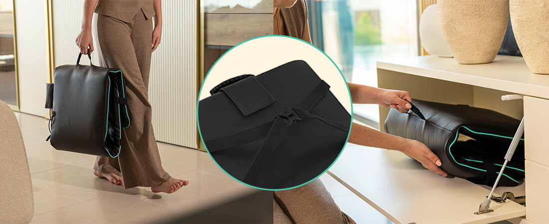 Mata masująca MEDIVON Yoga 2 Wygoda użytkowania i solidne wykonanie  ekoskóry i przewiewnej tkaniny mesh łatwe przechowywanie przenoszenie maty timer automatycznie wyłącza urządzenie po około 15 minutach bezpieczeństwo użytkowania