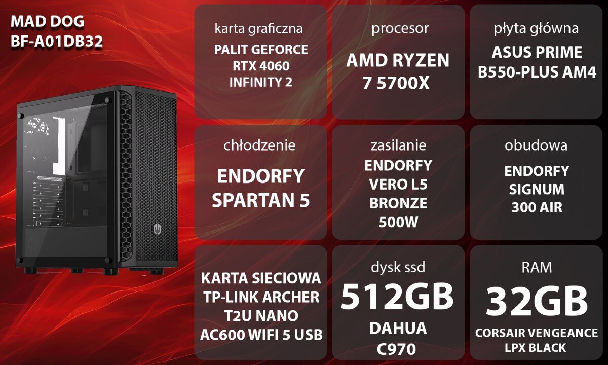 Komputer MAD DOG BF-A01DB32 Grafika przedstawiająca specyfikację komputera, z podziałem na podzespoły. W lewej części znajduje się model komputera, a obok niego informacje o podzespołach, opis