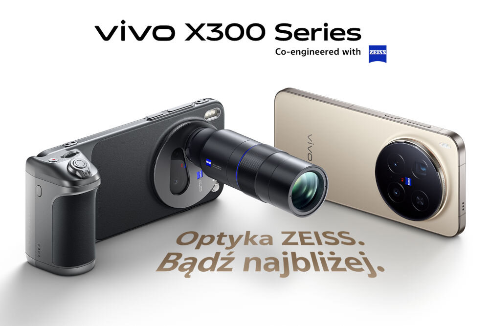 Zestaw Fotograficzny Photography Kit do VIVO X300 Pro Dwa telefony VIVO X300 Series z optyką ZEISS; jeden z zamontowanym zestawem fotograficznym i obiektywem, drugi w kolorze złotym z aparatem, oraz napis Optyka ZEISS. Bądź najbliżej.