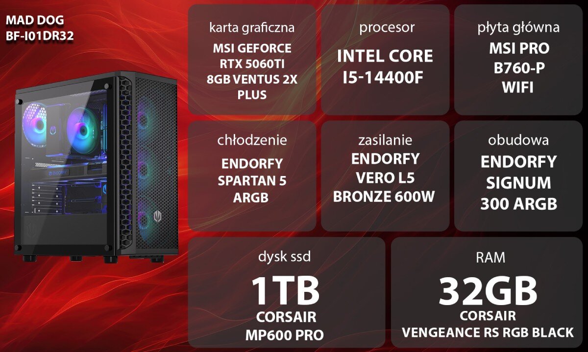 Komputer MAD DOG BF-I01DR32 Grafika przedstawiająca specyfikację komputera, z podziałem na podzespoły. W lewej części znajduje się model komputera, a obok niego informacje o podzespołach, opis