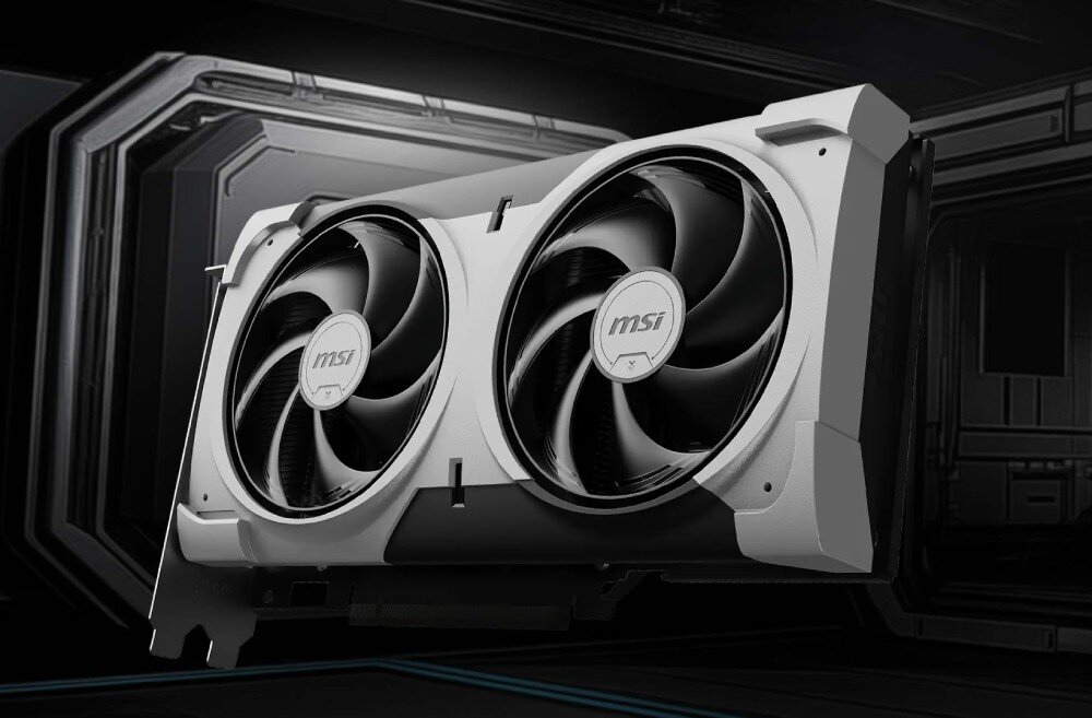 Komputer MAD DOG BF-I01DR32 Karta graficzna z dwoma wentylatorami. Po lewej stronie widoczny jest panel złącza z portami, karta graficzna, rdzenie CUDA, grafika, wentylatory