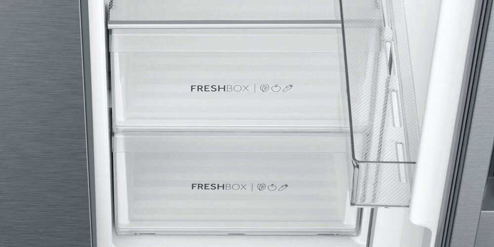 LODÓWKA HAIER HSR3918ENPG wizualizacja zdjęcie lifestyle Dwie szuflady przezroczyste widoczne wnętrze Fresh Box warzywa owoce niska temperatura zachowanie wartości