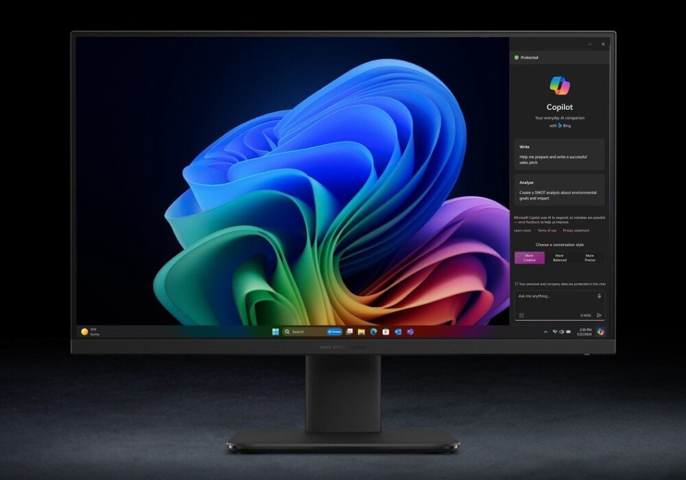 Komputer All in One ASUS ExpertCenter P440VAK-BPCA90X Czarny komputer stacjonarny pokazany od przodu z uruchomionym systemem operacyjnym Windows, wyświetlający niebiesko-zieloną tapetę oraz otwarty boczny panel asystenta 'Copilot' na ciemnym tle, Copilot, narzędzia, działanie