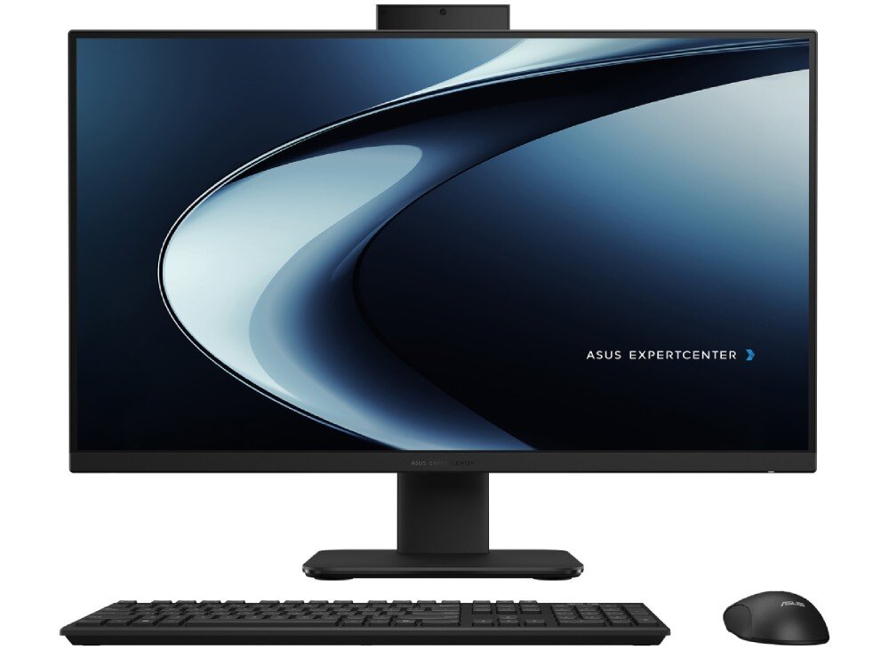 Komputer All in One ASUS ExpertCenter PM670KA-BPE012X Czarny komputer stacjonarny zintegrowany z monitorem widziany od przodu z ciemną grafiką na wyświetlaczu oraz pasującymi akcesoriami sterującymi na dole, przeznaczenie, cechy
