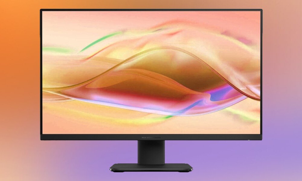 Komputer All in One ASUS ExpertCenter PM670KA-BPE012X Monitor komputerowy z cienkimi ramkami prezentujący abstrakcyjną grafikę w ciepłych barwach na fioletowo-pomarańczowym tle, wyświetlacz, rozdzielczość, matryca